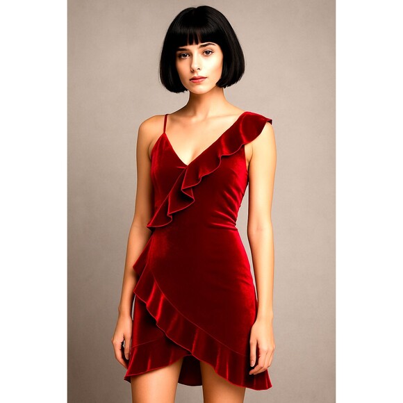 Express red ruffle sleeveless velvet dress party Holiday Christmas hoco, sz M - Picture 1 of 15